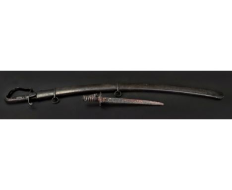 A British Light Cavalry trooper's sword, by Gill, with curved steel blade, in metal scabbard, 100 cm long and an iron dagger,