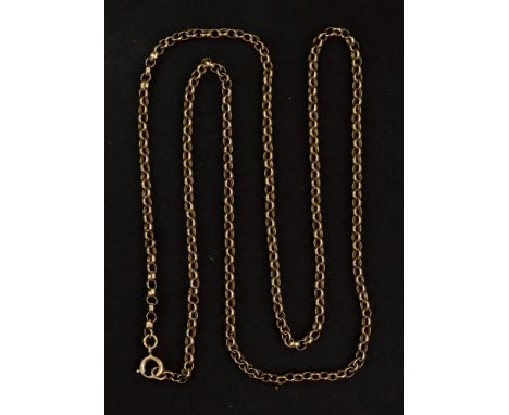 A 9ct gold long necklace of circular link design, on a bolt ring clasp, 39cm long, 14.4g.