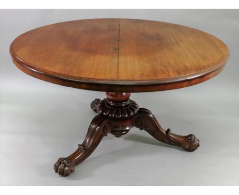 A William IV rosewood breakfast table, the moulded circular tilt-top on a baluster turned pillar with lobed and fluted collar