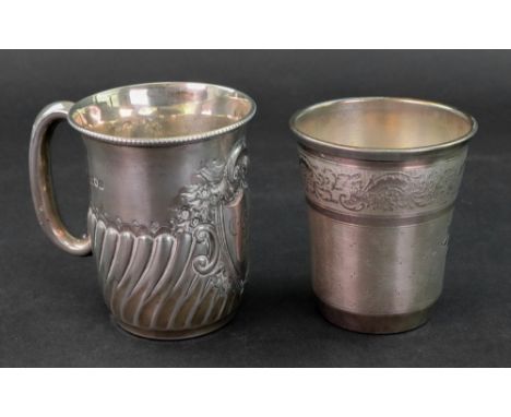 A Victorian silver christening mug, Mappin &amp; Webb, London 1900, embossed with curved lobes and flutes and a foliate borde