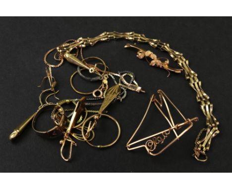 A 9ct gold bracelet, detailed '375', together with a 9ct gold necklace, pair of earrings, brooch and ring, 12.1g combined, an