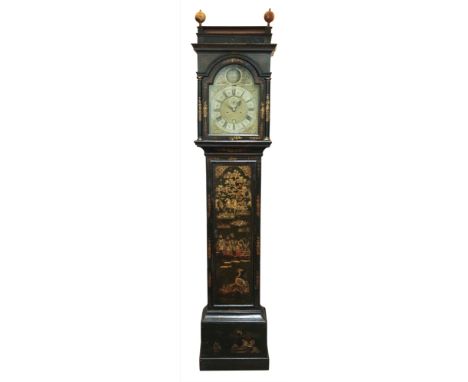 James Gould, London; a late 17th century gilt chinoiserie decorated black lacquered longcase clock, painted with flowers and 