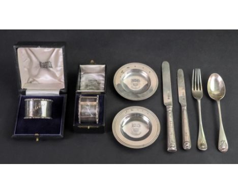 Two cased silver napkin rings, London 1925 and Birmingham 1929, inscribed 'Charlotte' &amp; 'John', a child's silver Old Engl