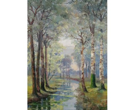 M Meuret Pripippot (French, early 20th Century), A wooded river landscape, signed 'M Meuret Pripippot' (lower right), oil on 