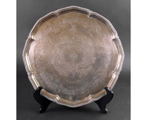 A late Victorian shaped circular silver salver, Harrison Brothers &amp; Howson, Sheffield 1897, with moulded border and gadro