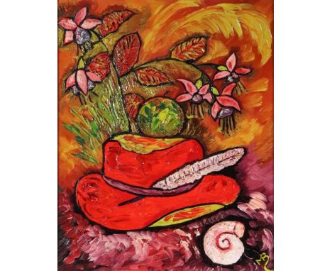 Maria Balfour (British, 1934-2007), The Red Hat, initialled 'M B' (lower right) and bears label with title and artist's name 