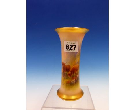 A ROYAL WORCESTER VASE, DATE CODE CIRCA 1920, THE WAISTED CYLINDRICAL SIDES PAINTED WITH HIGHLAND CATTLE BY STINTON.   H 15.5