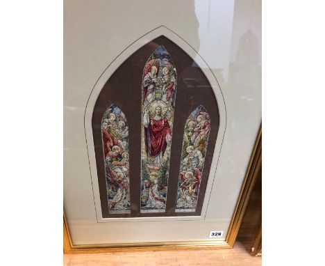 19th/20th. C. ENGLISH SCHOOL. A WATERCOLOUR DESIGN FOR A THREE LIGHT STAINED GLASS WINDOW. CHRIST SURROUNDED BY HOSTS OF ANGE