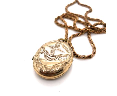 A VINTAGE HALLMARKED 9ct GOLD WOVEN NECK CHAIN AND A GOLD PLATED ENGRAVED PORTRAIT LOCKET. CHAIN LENGTH 46cms, WEIGHT 8.4grms