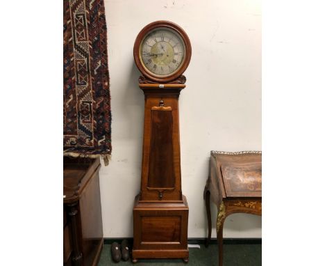A 19th C. SCOTTISH MAHOGANY LONG CASED CLOCK, THE CASE TAPERING UP TO THE CIRCULAR BRASS DIAL WITH SILVERED CHAPTER RING AND 