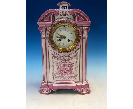 A GIEN POTTERY CASED CLOCK, THE MARTI MOVEMENT COUNTWHEEL STRIKING ON A BELL, THE CASE DECORATED IN TWO TONES OF PINK, A FOLI