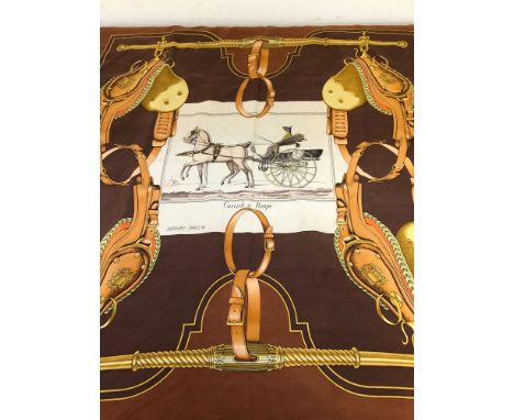 A HERMES PARIS CARRICK A POMPE BROWN RACING CARRIAGE SILK SCARF. 90 x 90cms