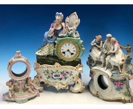 A 19th C. PARIS PORCELAIN CASED CLOCK BY MOLE, THE MOVEMENT COUNTWHEEL STRIKING ON A BELL, THE ENAMEL DIAL SET INTO A DRESSIN