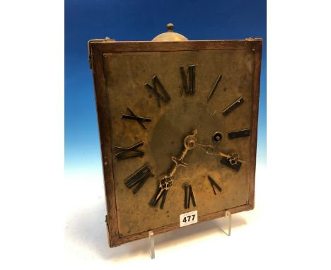 AN ARTS AND CRAFTS SHELF CLOCK STRIKING ON A BELL, THE WEIGHT DRIVEN MOVEMENT WITH A SQUARE BRASS DIAL WITH EBONY NUMERALS, T