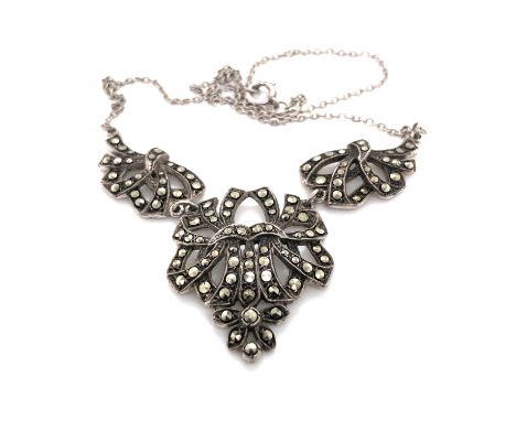 A STERLING SILVER AND MARCASITE VINTAGE THREE PANEL DROP NECKLACE. WEIGHT 13.25grms TOGETHER WITH A ROPE OF CULTURED FRESHWAT