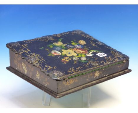 A VICTORIAN PAPIER MACHE INLAID WITH MOTHER OF PEARL WRITING SLOPE, THE FALL PAINTED WITH FLOWERS WITHIN GILT TENDRILS, THE I