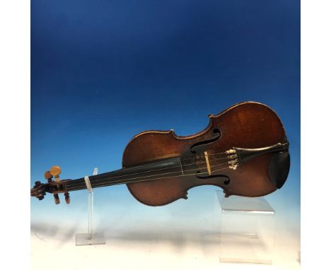 A BOW AND THREE QUARTER SIZED VIOLIN IN A LEATHERETTE CASE, THE VIOLIN LABELLED FOR STRADIVARIUS, ITS BACK.   35cms.