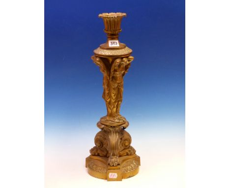 A 19th C. BRASS LAMP BASE SUPPORTED ON THE SHOULDERS OF THREE CLASSICAL LADIES STANDING ON FOLIAGE SCROLLS WITH PAW FEET.   H