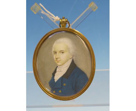 JOSEPH SAUNDERS (ACTIVE 1773-1845), HIS 1799 OVAL PORTRAIT MINIATURE OF GENTLEMAN WEARING A BLUE JACKET, THE REVERSE WITH A L