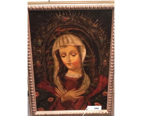 CONTINENTAL SCHOOL PROBABLY SPANISH PORTRAIT OF THE MADONNA WITH GILT AND JEWEL HIGHLIGHTS OIL ON CANVAS 52 x 35cms