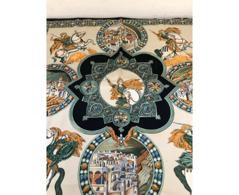 A SILK HERMES PARIS LE TRIOMPHE DUPALADIN SCARF. GREEN WITH A BLACK TRIM. 9 x 90 cms