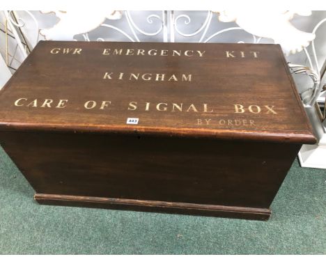 A VINTAGE PINE TRUNK, THE LID INSCRIBED IN WHITE GWR EMERGENCY KIT KINGHAM CARE OF SIGNAL BOX.   W 93 x D 47 x H 50cms.