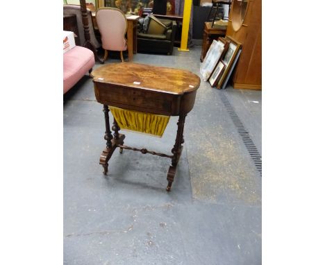 A VICTORIAN MARQUETRIED BURR WALNUT WORK TABLE, THE LID ENCLOSING A GREEN LEATHER WRITING SURFACE FLANKED BY COMPARTMENTS AND