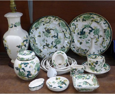 Mason's Chartreuse pottery, a table lamp, ginger jar, two plates, etc. 