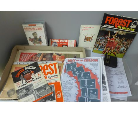 A Nottingham Forest 1960/61 hand book, a 1960's Park Drive Forest cigarette case, 1970/71 season ticket, 1976/77 promotion ep