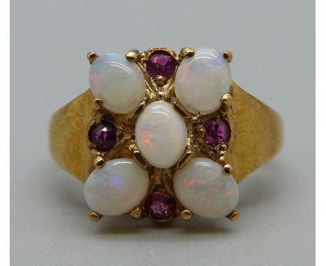 A 9ct yellow gold, opal and ruby floral dress ring, 3.5g, K 