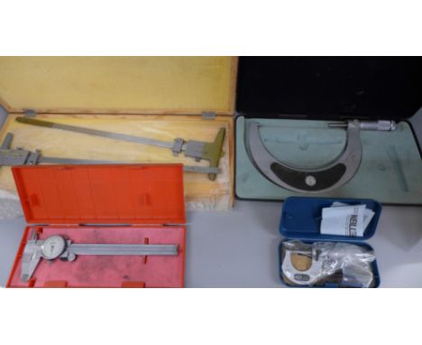 A collection of engineering tools, Moore and Wright Micrometers, Mitutoyo vernier caliper, etc, boxed 