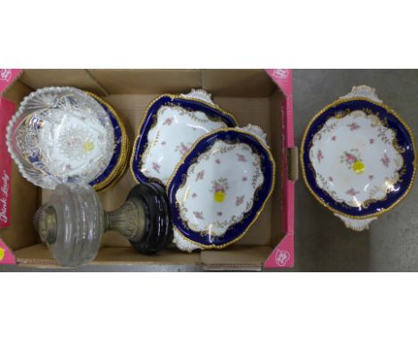 A Coalport dessert service including a cake stand, an oil lamp and a glass bowl **PLEASE NOTE THIS LOT IS NOT ELIGIBLE FOR PO