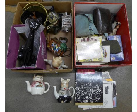 Two boxes of assorted items including teapots, brassware, pipes, hooks and a Masonic sash **PLEASE NOTE THIS LOT IS NOT ELIGI