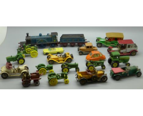 A Tri-ang R553 model locomotive with tender and model vehicles including Corgi Toys Heinkel, Lesney and John Deere tractors 