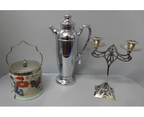 A Turkish teapot, an Art Nouveau candlestick and biscuit barrel 