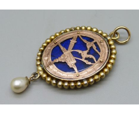 A mid 19th Century sweetheart pendant, in yellow metal, set with detailed ceramic miniature to front, and love birds, torches