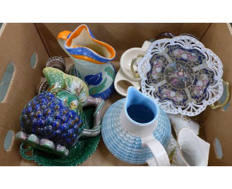 A Myott jug, Doulton Lambeth jug, Denby jug, Majolica jug, cabbage leaf plates, etc. 