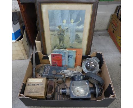 A vintage carbide vehicle lamp, a horse carriage lamp, a 1950's Firestone ashtray, etc. 