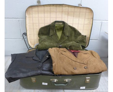 A suitcase of vintage (1960's onwards) lady's and gentleman's suede and leather coats, jackets and a pair of lady's leather t