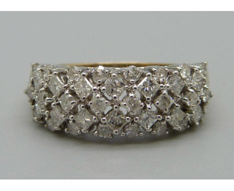 A 9ct gold, 38 stone diamond ring, approximately 1.2ct diamond weight, 4.4g, P 