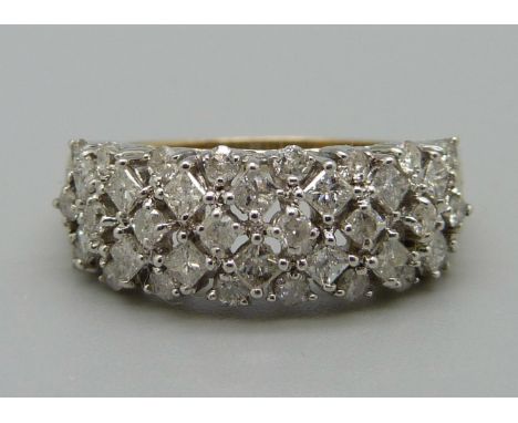 A 9ct gold, 38 stone diamond ring, approximately 1.2ct diamond weight, 4.4g, P 