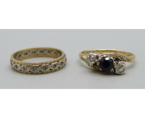 An 18ct gold, platinum set sapphire and diamond ring, 2.8g, L, and a yellow and white metal eternity ring, 1.9g, L 