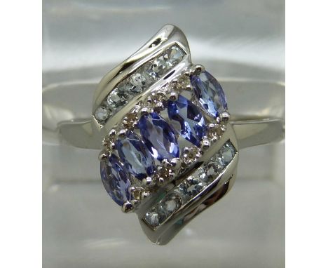 A 9ct white gold, tanzanite and diamond dress ring, 2.5g, P 