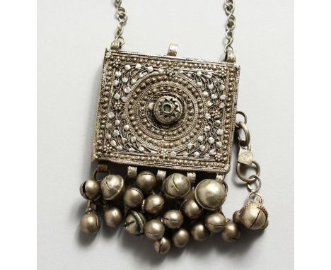 AN ISLAMIC SILVER NECKLACE with rectangular box. 6cms x 5cms.