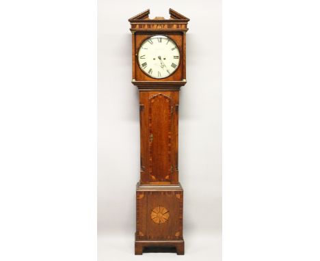 A 19TH CENTURY OAK EIGHT-DAY LONGCASE CLOCK, with circular cream painted dial, signed BROWNSWORD, Nottingham.