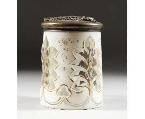 A GOOD BOHEMIAN WHITE OVERLAY TANKARD with silver top.