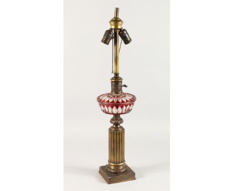 A GOOD RUBY GLASS LAMP, converted to electricity, on a column and a square base. 24ins high.