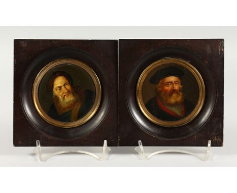 A PAIR OF 19TH CENTURY CIRCULAR PORTRAIT MINIATURES OF BEARDED MEN. 5.5ins square.