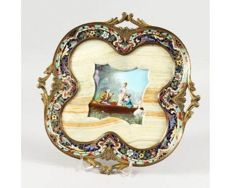 A SUPERB 19TH CENTURY FRENCH CHAMPLEVE ENAMEL AND PORCELAIN PLATTER, the centre with a porcelain panel painted with figures i