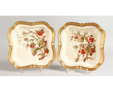 A ROYAL WORCESTER PAIR OF SQUARE DISHES of silver shape, each decorated with enamels and raised gilding with hazelnuts, straw